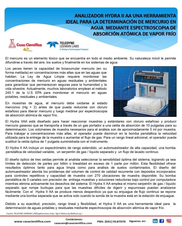 ANALIZADOR HYDRA II AA UNA HERRAMIENTA IDEAL PARA LA DETERMINACIÓN DE MERCURIO EN AGUA  MEDIANTE ESPECTROSCOPIA DE ABSORCIÓN ATÓMICA DE VAPOR FRÍO